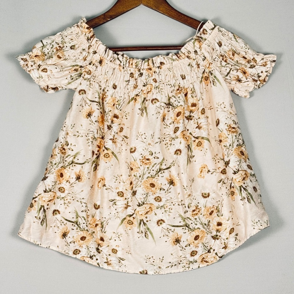 Blu Pepper Floral Peasant Top Womens Small Cream Boho Smocked Excellent